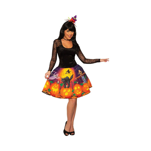 Vestido de Halloween para mujer, parte superior negra con mangas de encaje tipo telaraña y falda estampada con calabazas