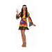 Disfraz de hippie para mujer con vestido tie dye multicolor, mangas acampanadas y flecos