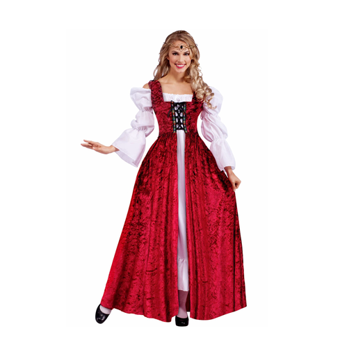 Mujer con vestido medieval de terciopelo rojo con cordones sobre blusa blanca