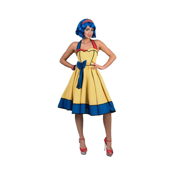 Disfraz pop art para mujer, vestido amarillo con borde azul y lazo azul en la cintura