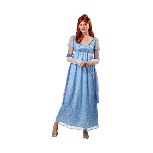 Mujer con vestido largo celeste de la Regencia, guantes de encaje blanco y chal