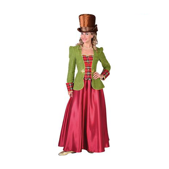 Mujer con disfraz de dama victoriana, chaqueta verde y falda burdeo