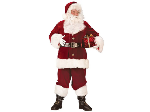 Disfraz de Viejo Pascuero Super Deluxe rojo con chaqueta y pantalón con piel sintética blanca, gorro, cinturón, guantes y cubrebotas