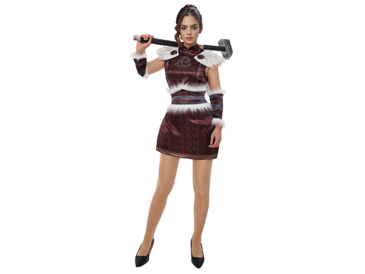 Disfraz de vikinga para mujer, vestido corto burdeo con hombreras y bordes de peluche blanco y muñequeras