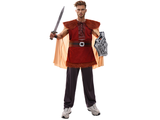 Disfraz de vikingo para hombre, túnica roja con cuello de peluche, capa y pantalón