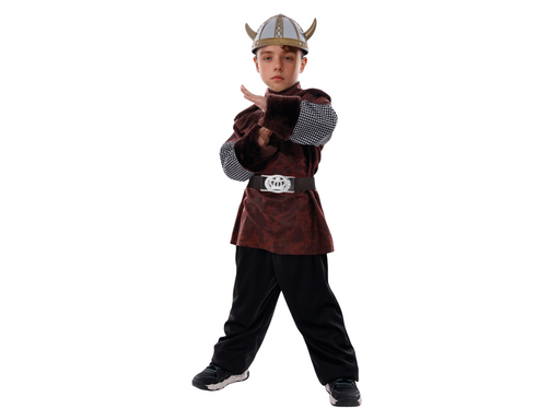 Disfraz de vikingo para niño con abrigo café con puños de peluche y pantalón negro
