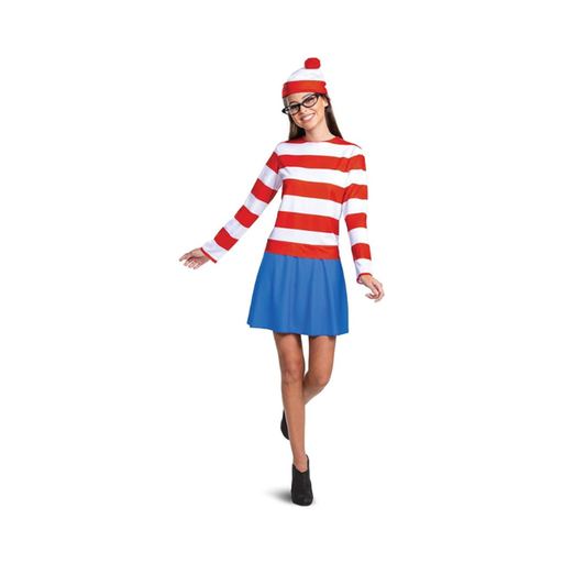 Disfraz de Wenda para mujer, camisa a rayas rojas y blancas, falda azul, gorro con pompón y gafas