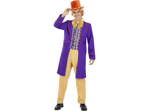 Disfraz de Willy Wonka para hombre, chaqueta morada con chaleco, pajarita dorada y pantalón beige