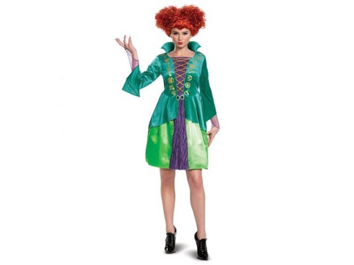 Disfraz de Wini Sanderson de Hocus Pocus para mujer, vestido verde con cordón dorado cruzado y enagua morada