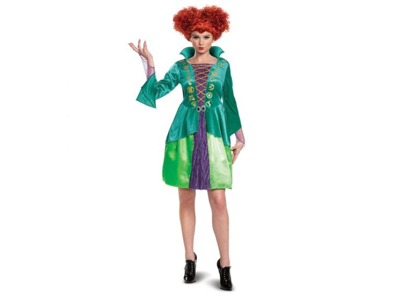 Disfraz de Wini Sanderson de Hocus Pocus para mujer, vestido verde con cordón dorado cruzado y enagua morada