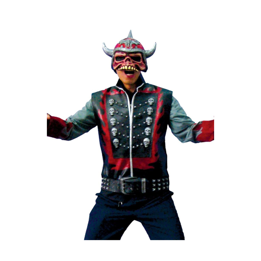 Hombre con disfraz de zombie motoquero punk