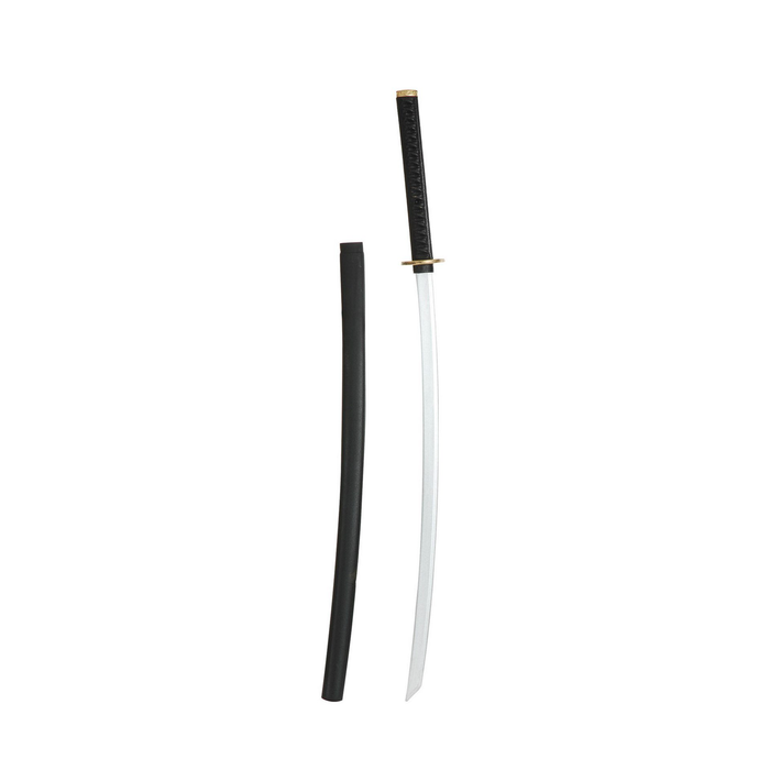 Espada katana de juguete con hoja plateada, mango negro y vaina negra