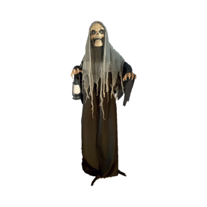 Animatronic esqueleto con farol 180 cm, con capucha gris rasgada y túnica negra