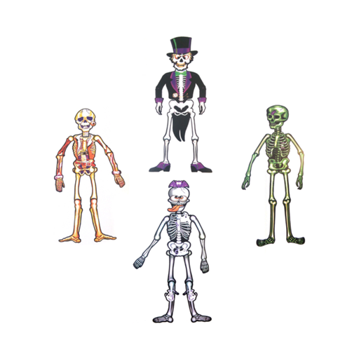 Cuatro modelos de esqueletos de cartón articulados de colores, uno con sombrero de copa