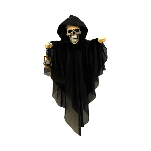 Esqueleto de la muerte colgante de 50 cm con capa negra con capucha y farol en la mano