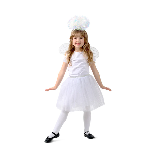 Niña con falda blanca de ángel, alas y aureola