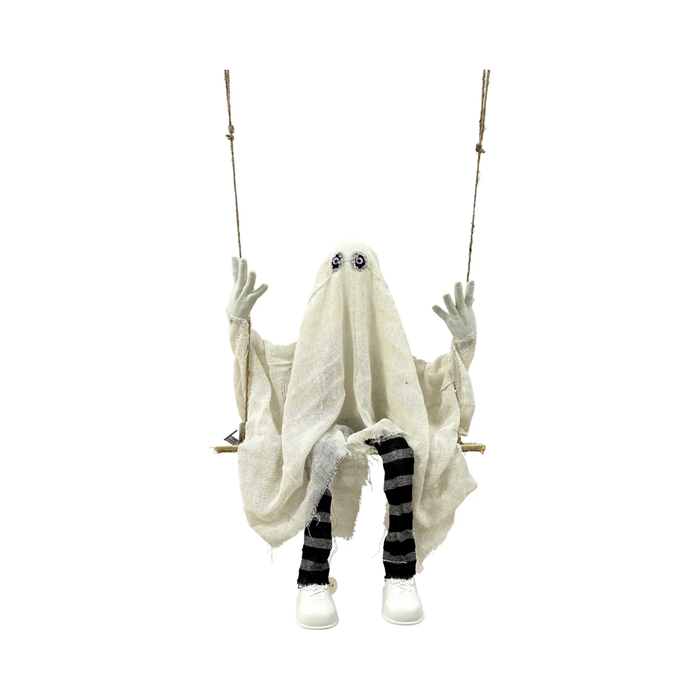 Fantasma animatrónico de 50 cm con manta blanca y medias a rayas sentado en un columpio de madera con cuerdas