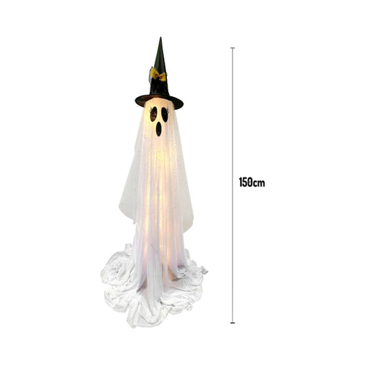 Fantasma blanco iluminado con gorro de bruja negro