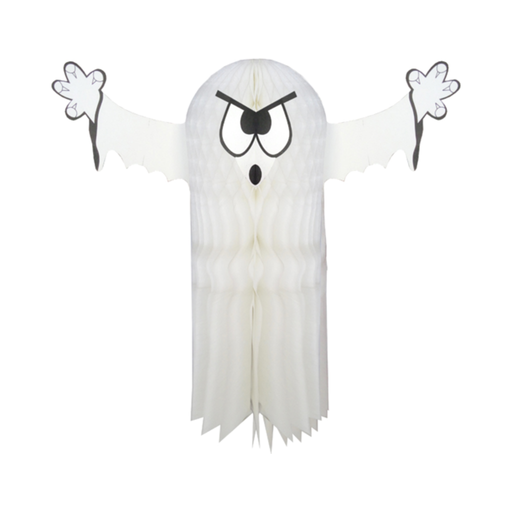 Fantasma blanco de Halloween con cuerpo tipo panal, cara enojada y brazos abiertos