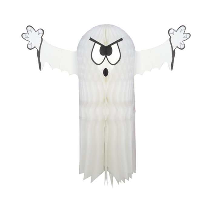 Fantasma blanco de Halloween con cuerpo tipo panal, cara enojada y brazos abiertos