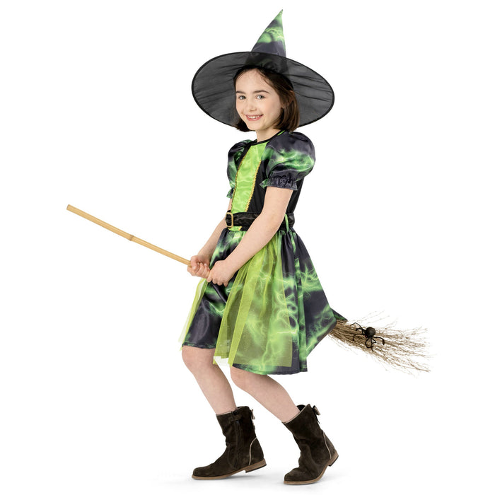 Disfraz de bruja para niña, vestido verde y negro con mangas abullonadas y sombrero de bruja