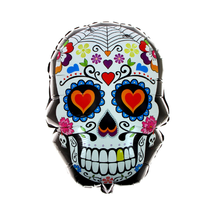 Globo foil con forma de calavera mexicana, ojos de corazón, flores de colores y telaraña en la frente