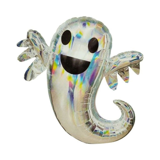 Globo foil con forma de fantasma sonriente plateado con reflejos tornasol