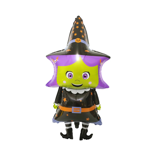 Globo metálico con forma de brujita de cara verde, pelo morado, sombrero y vestido negro con estrellas naranjas