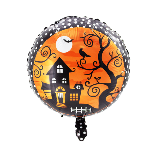 Globo metálico redondo naranjo con casa embrujada, árbol, luna y murciélago en negro y borde de lunares