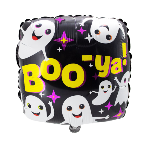 Globo metálico negro con fantasmas blancos sonrientes, estrellas y el texto Boo-ya! en amarillo