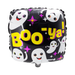 Globo metálico negro con fantasmas blancos sonrientes, estrellas y el texto Boo-ya! en amarillo