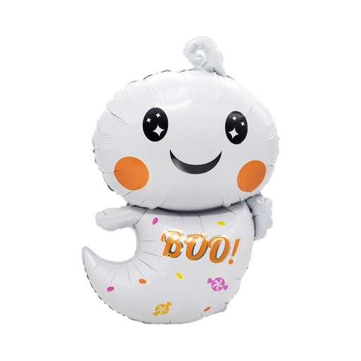 Globo metálico con forma de fantasma blanco sonriente, mejillas naranjas y texto BOO!
