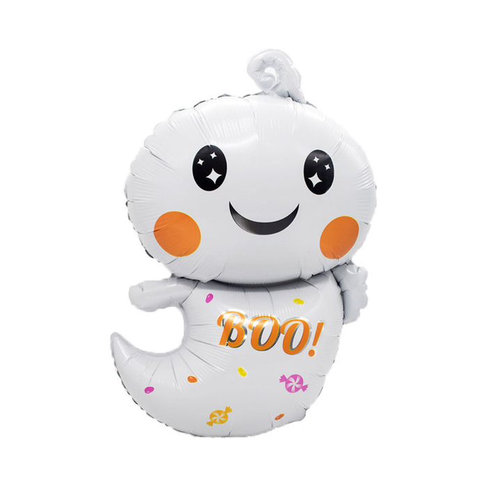 Globo metálico con forma de fantasma blanco sonriente, mejillas naranjas y texto BOO!