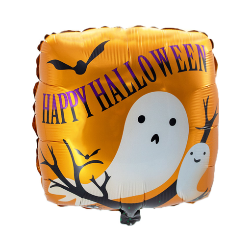 Globo metálico naranjo con fantasmas blancos, murciélagos, ramas y el texto Happy Halloween