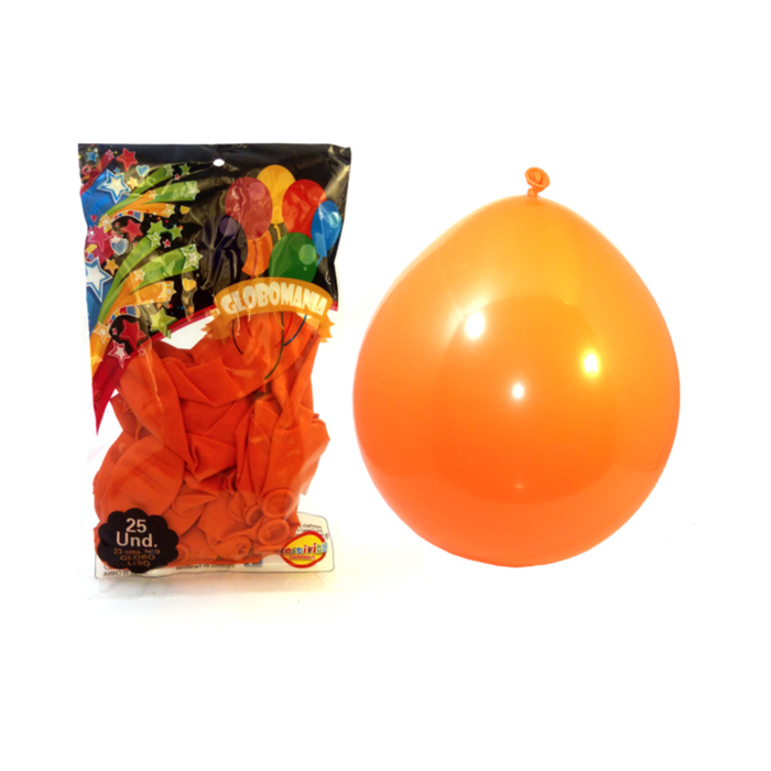 Bolsa de 25 globos naranjos de 9 pulgadas junto a un globo naranjo inflado