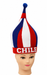 Gorro de Chile tricolor con punta, pompón azul y la palabra CHILE en la banda roja