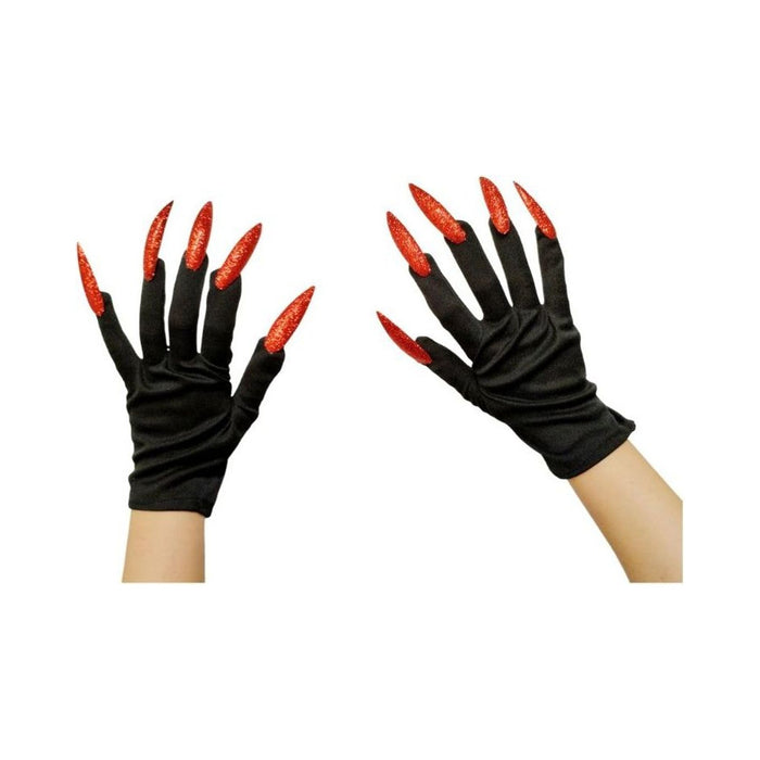 Guantes negros con uñas largas rojas con brillo puestos en las manos