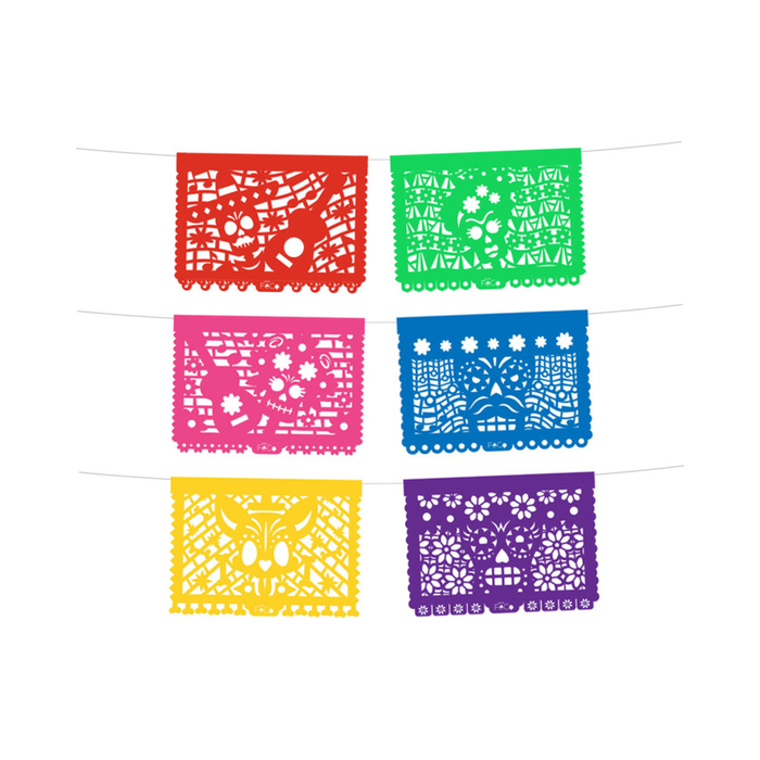 Guirnalda Día de los Muertos con banderines calados de colores con calaveras y flores