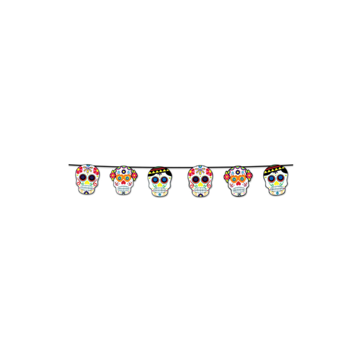 Guirnalda con seis calaveras de Día de Muertos decoradas de colores