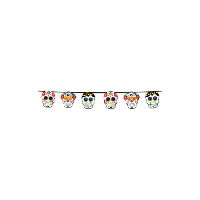 Guirnalda con seis calaveras de Día de Muertos decoradas de colores