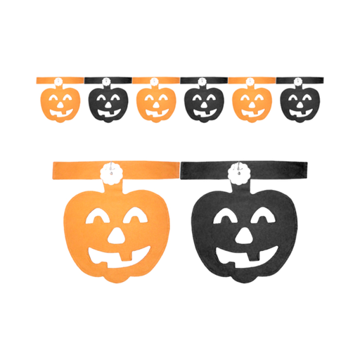 Guirnalda de Halloween con calabazas sonrientes caladas en naranjo y negro