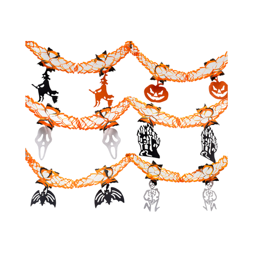 Guirnaldas de Halloween naranjas con colgantes de brujas, calabazas, fantasmas, castillos, murciélagos y esqueletos