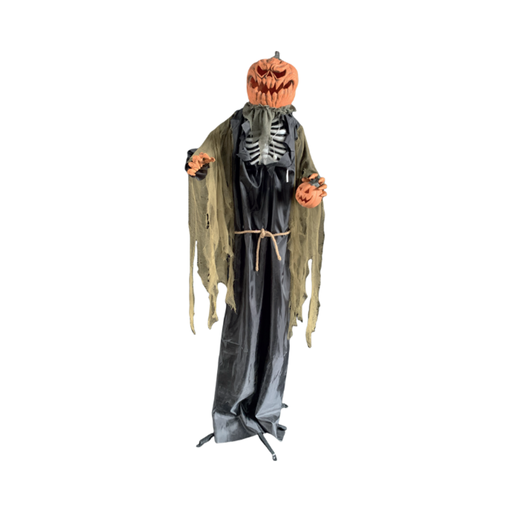 Animatronic hombre calabaza 210 cm con túnica negra, capa rasgada y calabaza en la mano