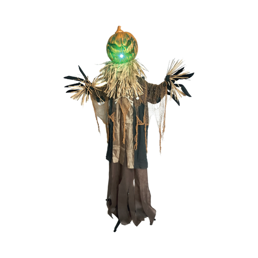 Animatronic hombre calabaza tenebrosa 183 cm con cabeza iluminada, paja y ropa rasgada