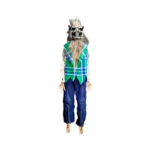 Hombre lobo colgante con chaleco a cuadros verde y azul y pantalón de mezclilla