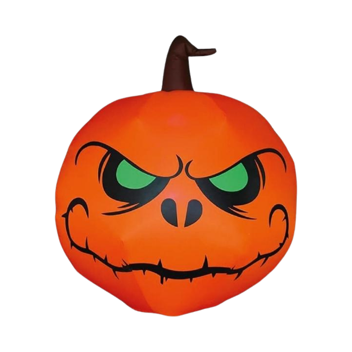 Inflable de calabaza naranja de Halloween con ojos verdes enojados, sonrisa cosida y tallo café