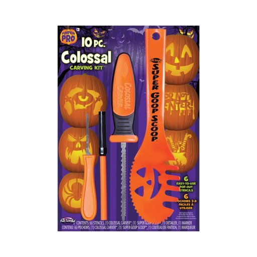 Kit para tallar calabazas Pumpkin Pro de 10 piezas en su empaque, con pala, sierras, marcador y plantillas