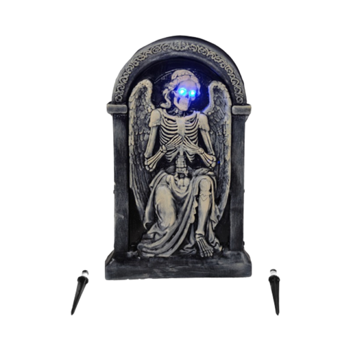 Lápida gris de Halloween con relieve de ángel esqueleto y ojos con luz LED azul