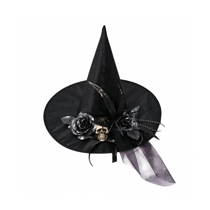 Sombrero de Bruja Negro con Flores decoración de Halloween