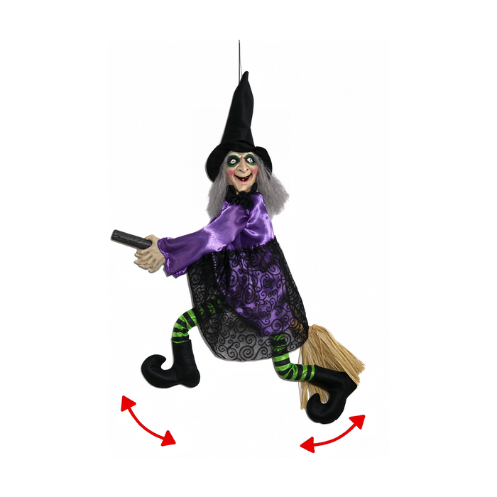 Bruja Voladora Animada en Escoba Morada decoración de Halloween